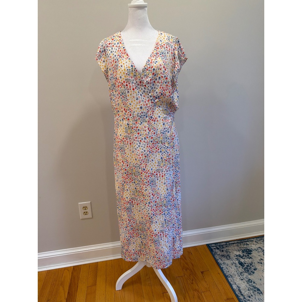 Gap Women Floral Midi Faux Wrap Dress Multi Color Short Sleeve Size 14